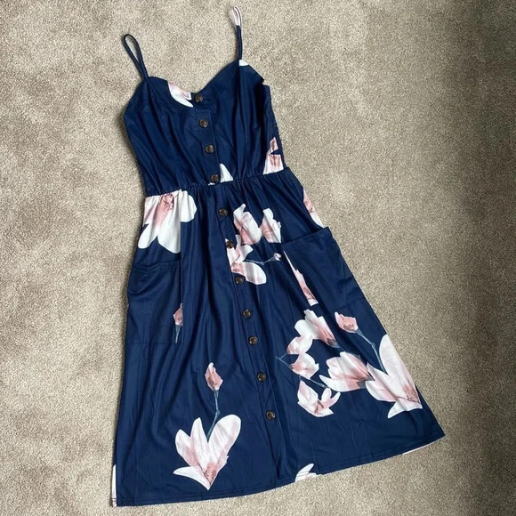 Angashion Dresses & Skirts - Angashion Floral Fit and Flare Navy Blue Pink Button Down Dress Size S